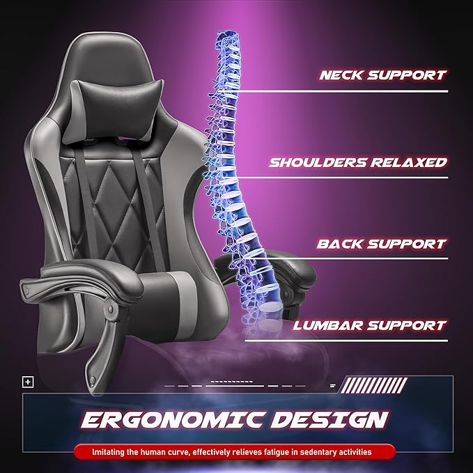 Homall Gaming Chair, Computer Chair with Footrest and Massage Lumbar Support, Ergonomic High Back Video Game Chair with Swivel Seat and Headrest (Grey)