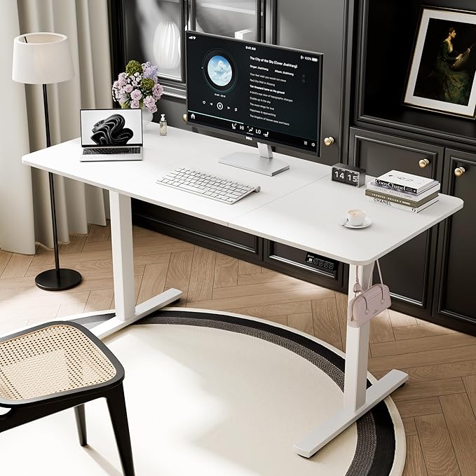 ERGOMAKER Electric Standing Desk, 55" x 23.6" Height Adjustable Sit Stand Desk with Splice Board for Home Office, Computer Table Memory Preset (White Frame, White Desktop)