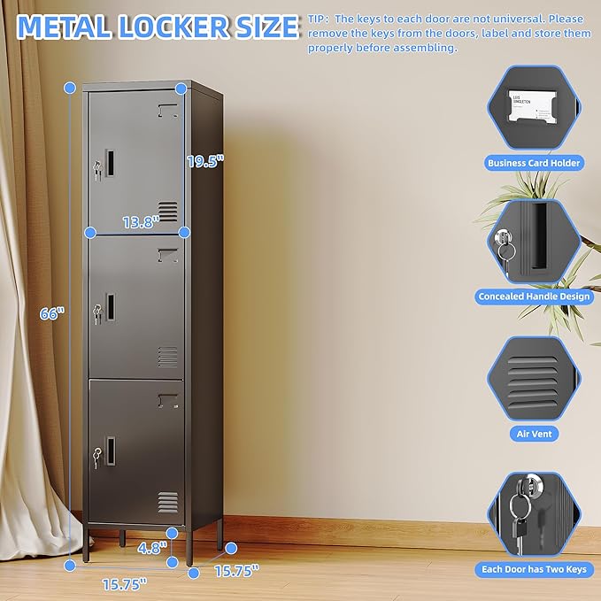 Metal Locker with Hooks and Ventilation Holes,Metal Storage Locker with Keys and Business Card Slof for Home,Gym,Garage,School,Office,66" H×15.75" W× 15.75" D,Assembly Required,Black