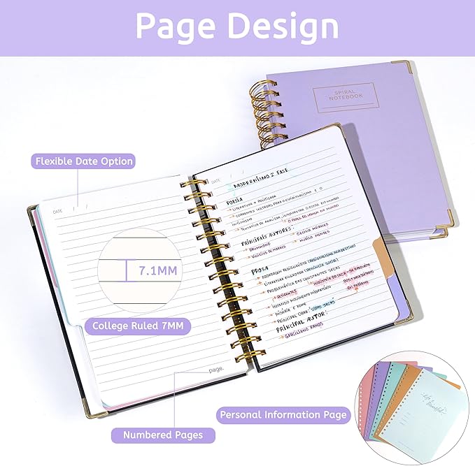 Hardcover Spiral Notebook with Tabs 6.1"x8.3" Small Spiral Lined Journals for Women Men with Dividers 200 Pages College Ruled Composition Notebook 5 Subject Notebook for Work School Gifts, Purple