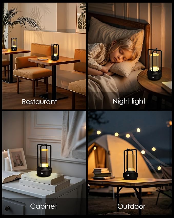 Set of 2 Cordless Table Lamps, LED Rechargeable Battery Operated Desk Lamps with 3 Color Stepless Dimmable, Small Light Portable for Outdoor Patio Bar Restaurants Bedroom Bedside (Black)