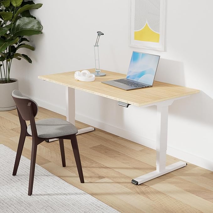 SANODESK 55 Inch 3 Stage Bamboo Electric Standing Desk, Dual Motor Height Adjustable Desk, Whole-Piece Desktop Sit to Stand Home Office Desk (White Frame/ 55” x 28” Natural Bamboo Top)