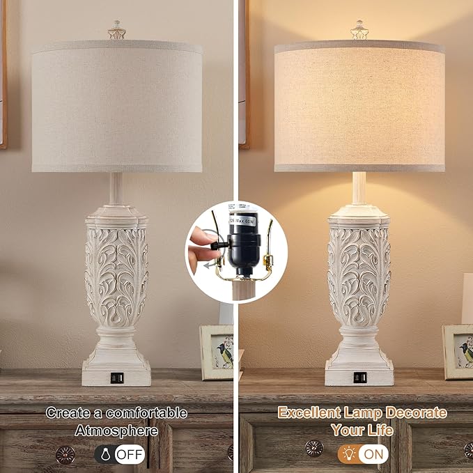 Table Lamps Set of 2 for Living Room, Farmhouse Bedside Lamp with USB C+A for Bedroom, 28.5" Tall Rustic Nightstand Lamps with Linen Fabric Shade,White Elegante Lamps for Hotel Office Decor