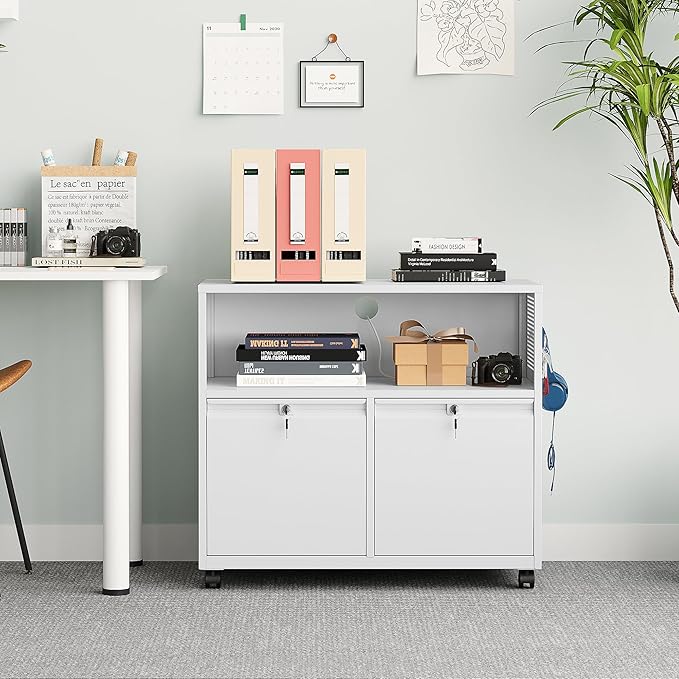 Mobile Filing Cabinet with Lock,Metal Lateral File cabinets Printer Stand with Storage Cabinets for Home Office,A4/F4/Letter (White)