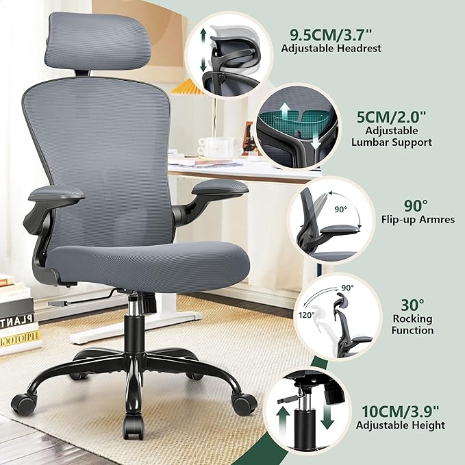 FelixKing Office Desk Chairs, Ergonomic PC Desk Chair with Wheels, Adjustable Lumbar Support and Height, Swivel Computer Chair with Flip-up Armrests, Ergo Mesh Backrest for Working (Dark Gray)