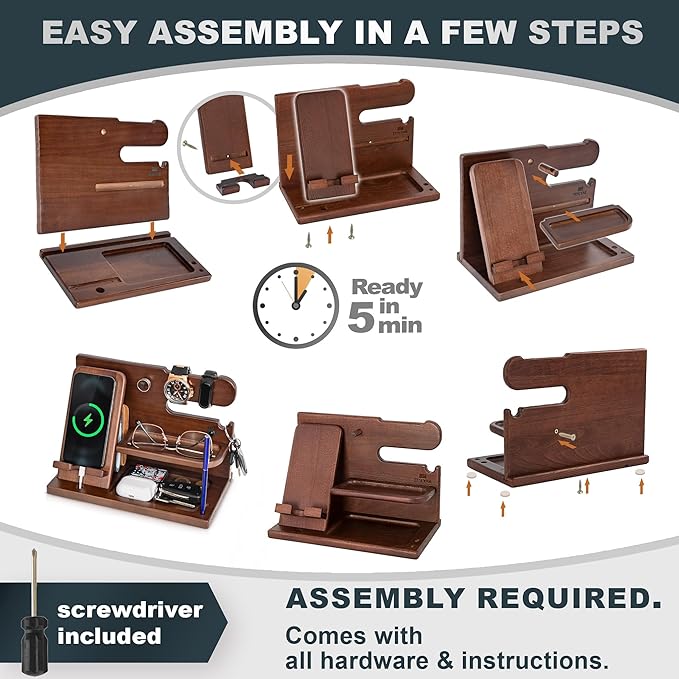 TESLYAR Wood Phone Docking Station for Men - Desk or Nightstand Organizer - Birthday Gifts for Husband or Dad - Anniversary Idea from Wife - Key Holder - Stand Wallet, Watch & Essentials (Chestnut)