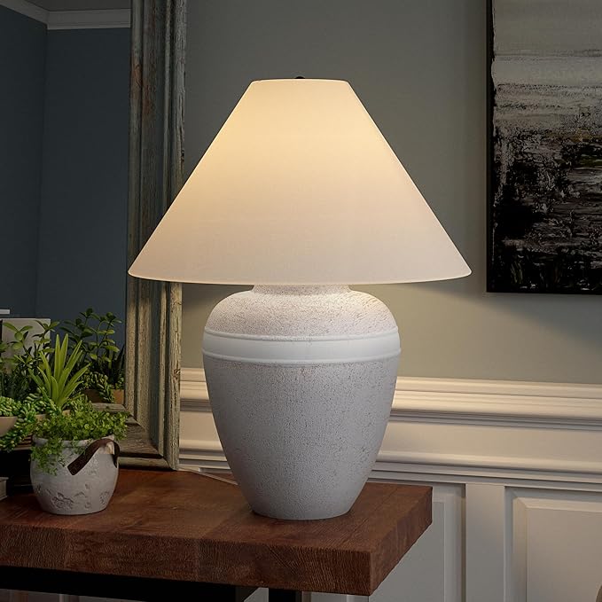 Henn&Hart 22.5'' Modern 1-Light Table Lamp with White Fabric Cone Shade for Living Room, Bedroom, or Office, White