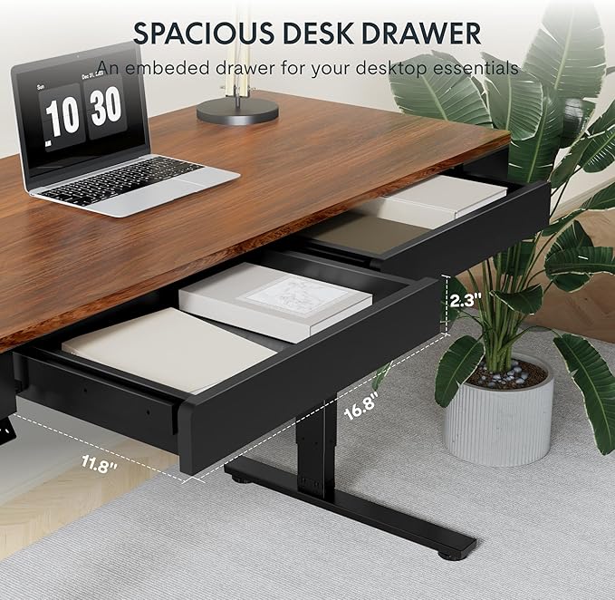 SANODESK Electric Standing Desk with 2 Drawers, 55 x 24 inch Height Adjustable Computer Desk, Home Office Stand Up Desk with 4 Preset Heights, Dark Walnut