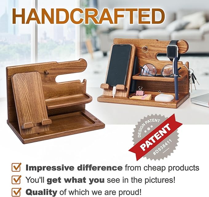 TESLYAR Wood Phone Docking Station for Men - Desk or Nightstand Organizer - Birthday Gifts for Husband or Dad - Anniversary Idea from Wife - Key Holder, Stand Wallet, Watch & Essentials (Earth Beige)