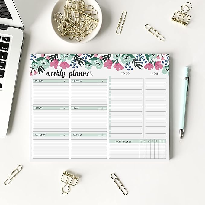 Weekly Planner Pad, 52 Letter Size Tear Off Sheets, 8.5” x 11” Undated Calendar Weekly Desk Planner Notepad, Daily Schedule Priorities To Do List for Week (Style 1)