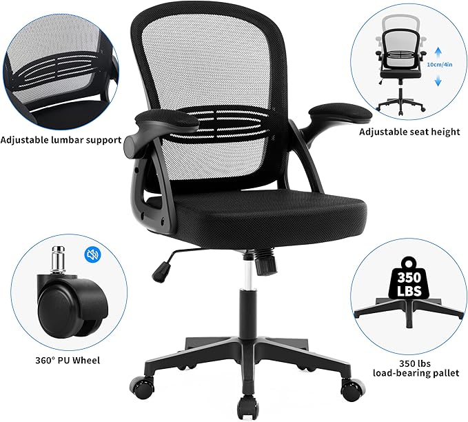 Fizzin Ergonomic Office Desk Chair, Mesh Computer Chair with Adjustable Comfy Flip-up Armrests and Adjustable Lumbar Support, Executive Chairs for Home, Bedroom, Study, Student (Black)