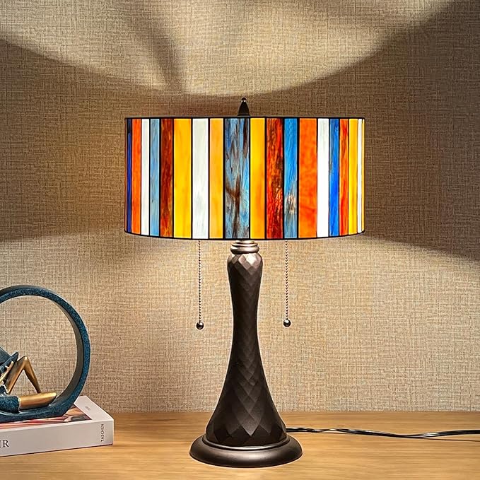 Tiffany Style Table Lamp,Red 14 inch Stained Glass Table Light,Antique Style 2-Lights Large Desk Beside Reading Lamp for Living Room Bedroom Office