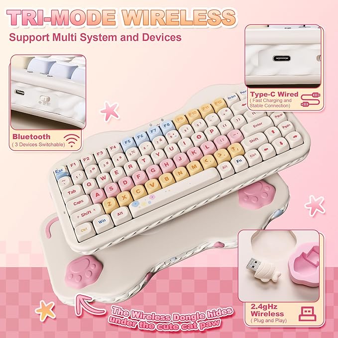 YUNZII C75 Wireless Mechanical Keyboard,75% Layout, Hot-Swappable NKRO,BT5.0/2.4G/USB-C Mode,Dye-Sub PBT MOA Keycaps,RGB Gasket Mount,Cute Cake Design for Mac/Win/Gaming (Beige, Candy Switch)