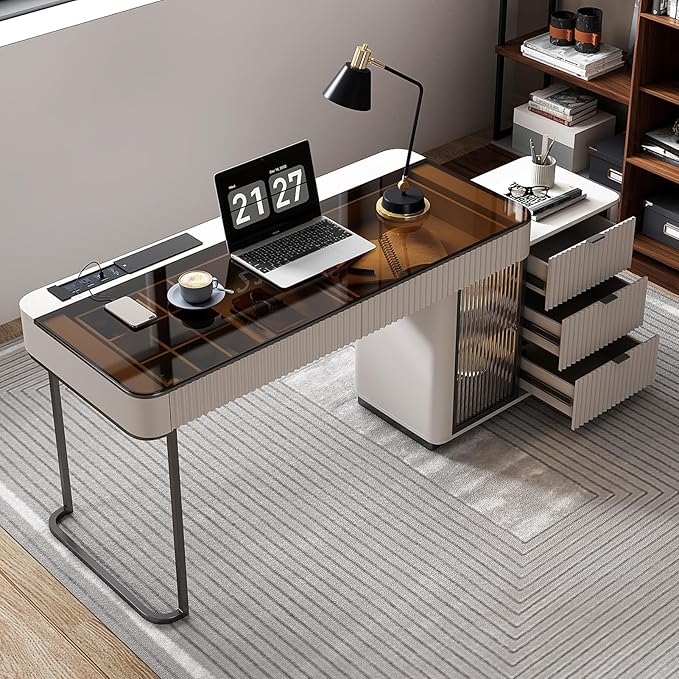 Lartis Office Desk, Very Easy to Assemble, Computer Desk, Home Telescopic Writing Desk, Modern Computer Desk with Retractable Cabinet Built-in LED Lights (Ivory, 50 in)