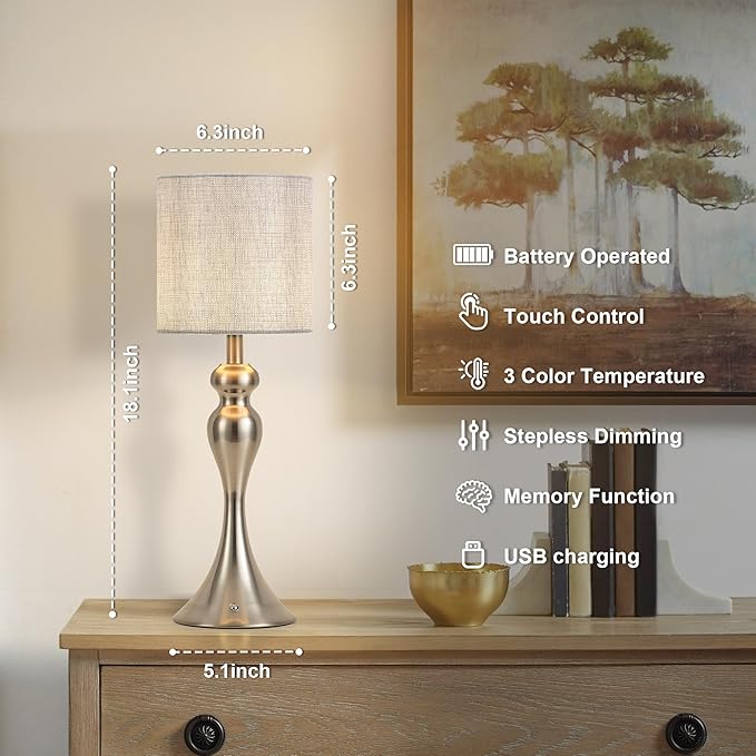 Table Lamp for Bedroom, Cordless Bedside Lamps for Living Room, Touch 3-Way Dimmable Desk Lamp for Night Stands, Rechargeable, Battery Operated Lamp with Fabric Shade for Dorm, Home Office (Nickel)