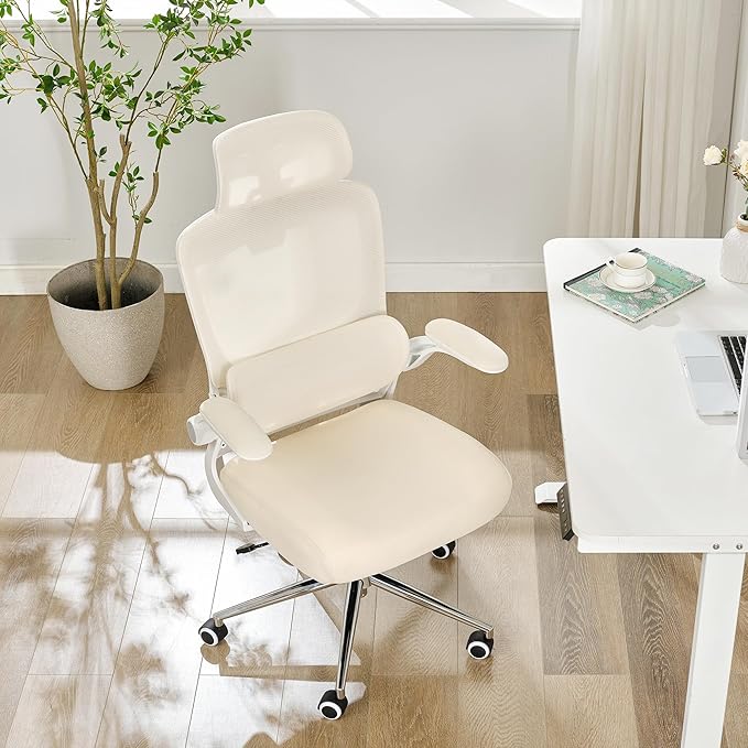 Ergonomic Office Chair,Home Mesh Office Desk Chairs,High Back Chair 330 LBS,Swivel Computer Task Chair with Adjustable Lumbar Support,Up&Down Flip-Up Arms,Rocking Function (Beige)