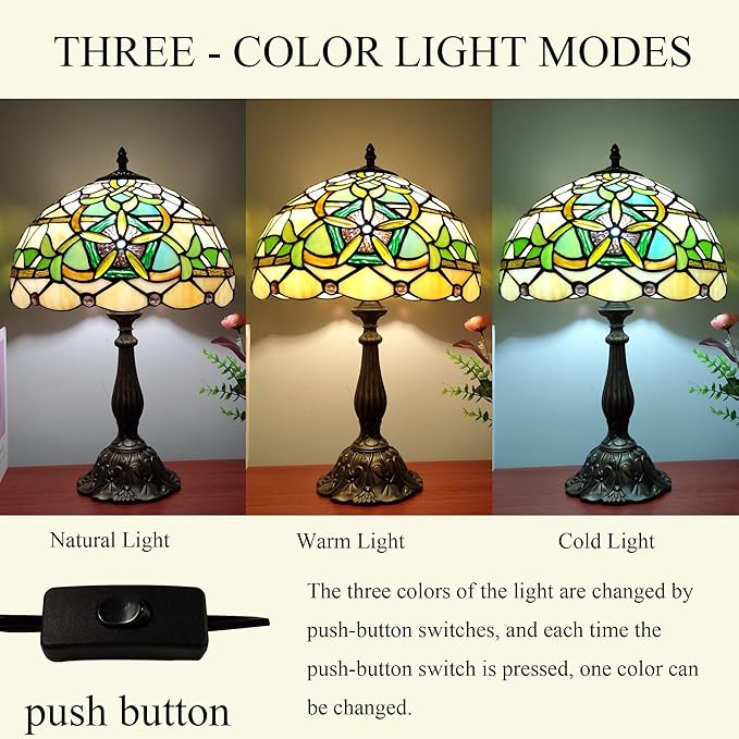 Tiffany Table Lamp Yellow Stained Glass Reading Light 3-Way Small Decorate Lamp for Home Living Room Nightstand Bedroom Office Include Bulb