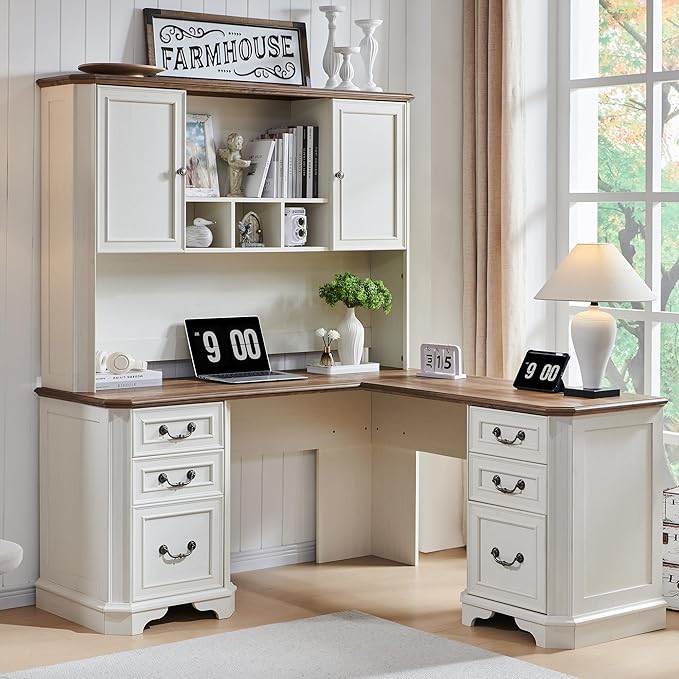 T4TREAM 59" Farmhouse Wood Desk Hutch with Ample Storage, Only Match VSC Series Farmhouse Desk (Antique White)
