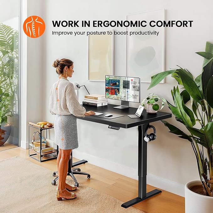 ErGear 40" x 24" Whole Piece Desktop Electric Standing Desk, Thick Height Adjustable Desk with 4 Height Memory, Home Office Computer Table with Cable Management Tray, Black