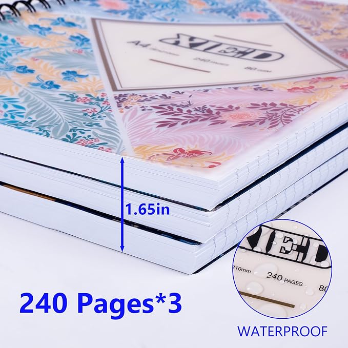 Spiral Notebook,A4 Lined Notebook, 3 Pack,8"x11-1/2", 120 Sheets & 240 Pages, Water Resistant Cover Notebook Set Perfect for School & Office