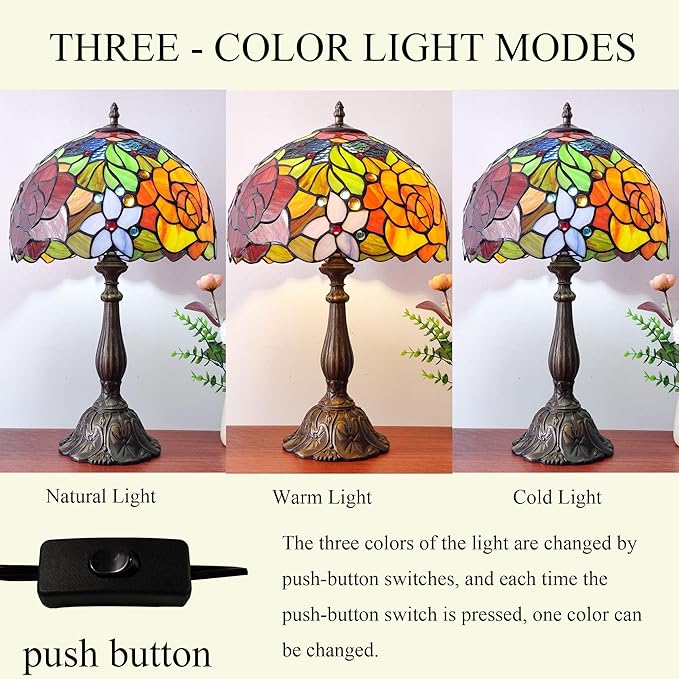 Tiffany Style Table Lamp Rose Flower Pattern Stained Glass Lamp 12X12X19 Inch 3-Way Antique Light for Nightstand Bedroom Living Room Home Office