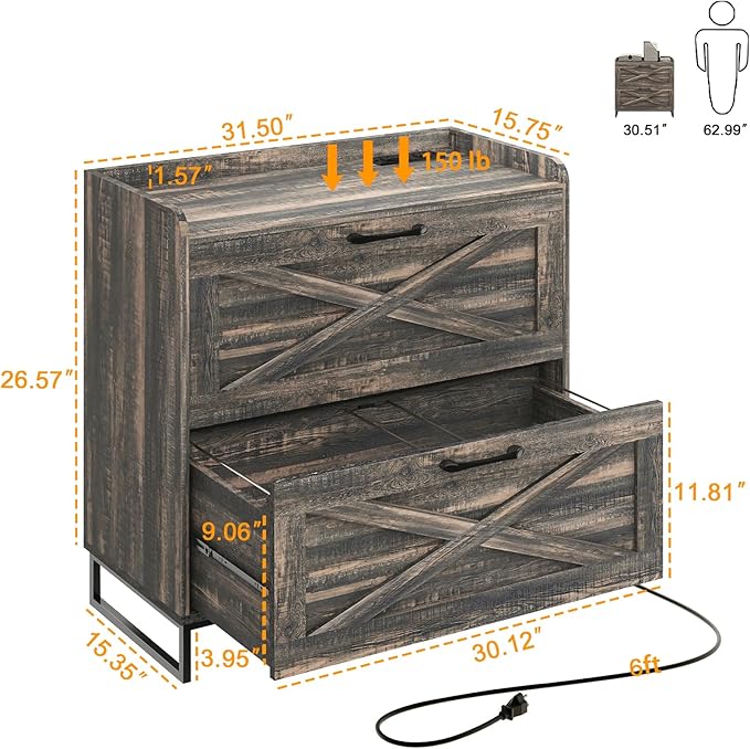 File Cabinet 2 Drawers Lateral File Cabinet with Charging Station for Letter/Legal/A4 Size Hanging Files, Large Wood File Storage Cabinets Printer Stand for Home Office, Dark Rustic Oak