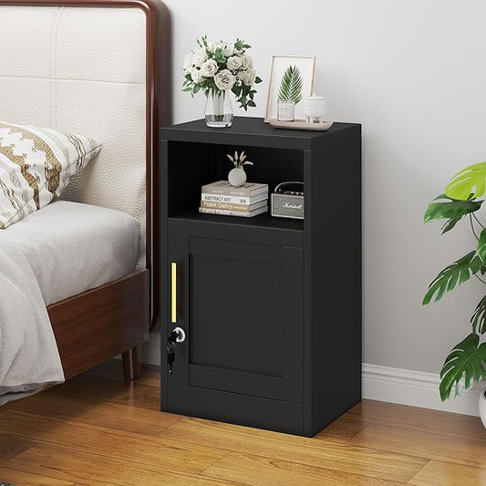 Metal Black Nightstand with Lockable, 27.56" Small End Table Storage Cabinet with Door and Adjustable Shelf, Versatile Side Table for Bedroom, Living Room or Office (Black)