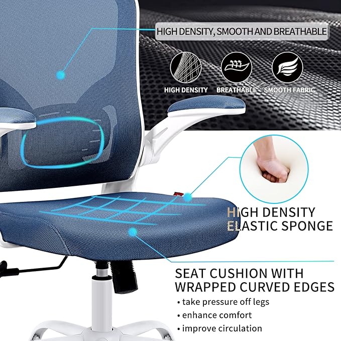 Flysky Ergonomic Office Chair, Mesh Home Office Desk Chair with Flip-up Arms and Lumbar Support, Height Adjustable, Swivel, White & Blue