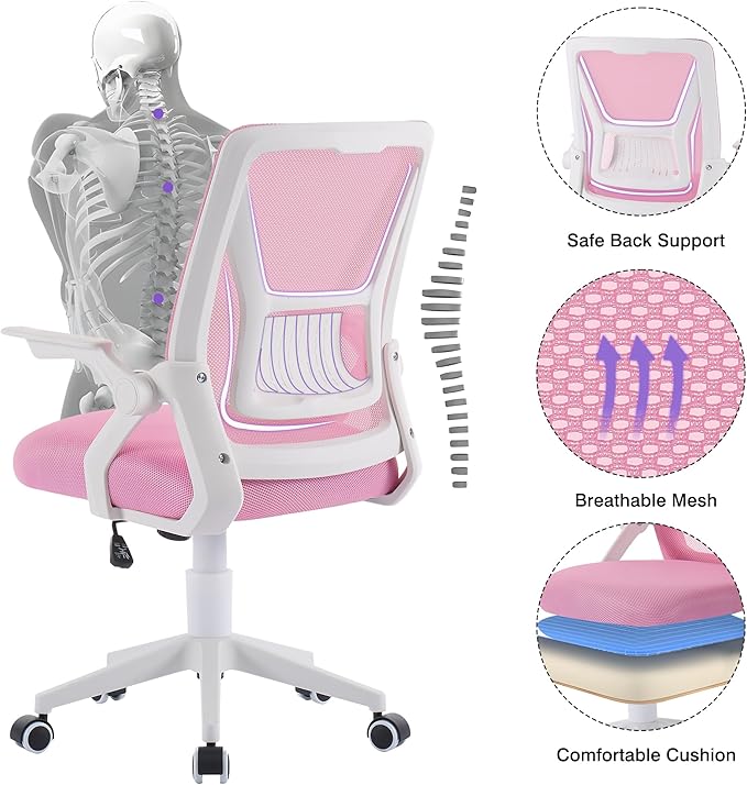VECELO Mid-Back Swivel Ergonomic Office Chair with Adjustable Arms Mesh Lumbar Support for Computer Task Work, Pink