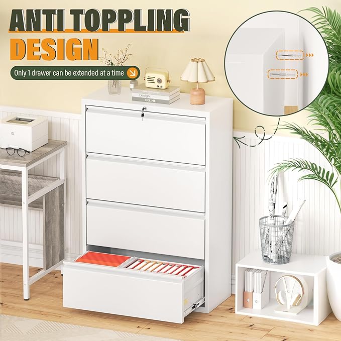 Greenvelly 4 Drawer Lateral File Cabinet with Lock, White Metal Filing Cabinet for Home Office, Locking Metal File Cabinet for Legal/Letter/A4/F4 Size with Hanging Bars&Key