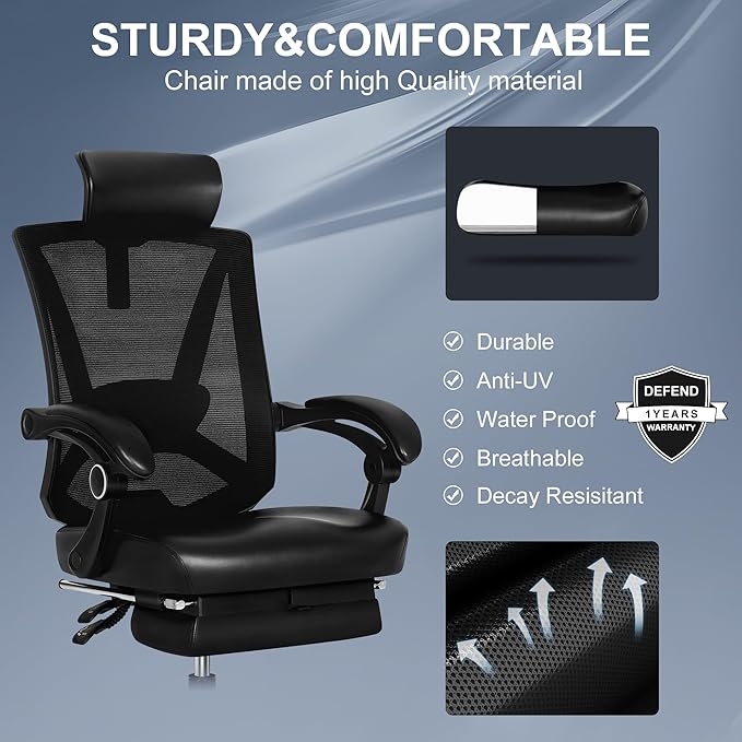 Misolant Ergonomic Office Chair with Footrest, Ergonomic Desk Chair with Adjustable 2D Lumbar Support, High Back Computer Chair with Adjustable Headrest, Comfortable Leather Office Chairs -Black