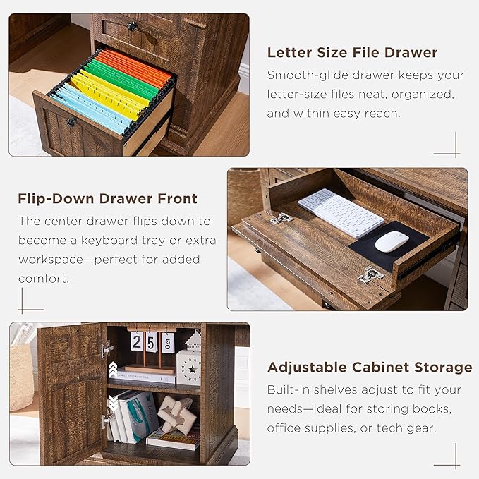 OKD 60" Executive Desk with Drawers, Farmhouse Home Office Desk with Charging Station, Keyboard Tray, File Cabinet Storage, Wood Computer Desk for Work and Study, Reclaimed Barnwood