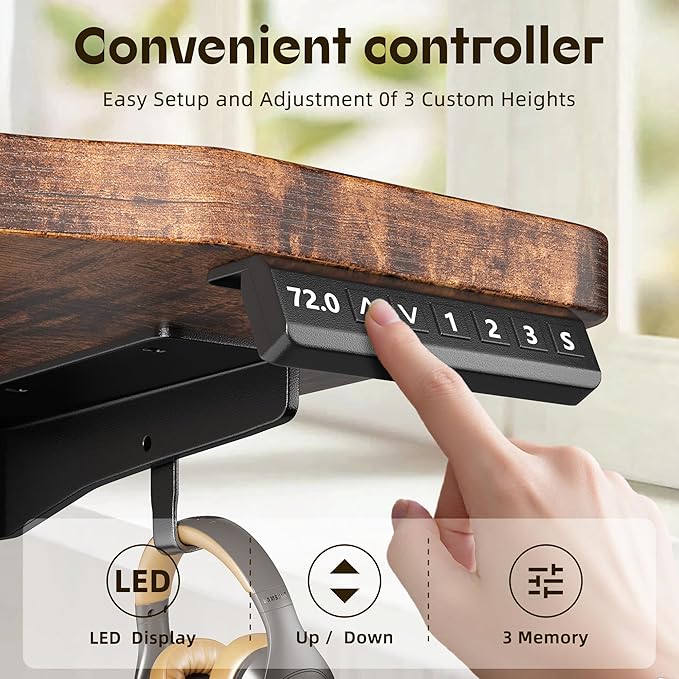 EnHomee 48 Inch Electric Standing Desk, 3 Adjustable Height Stand up Desk for Home Office, Height Adjustable Desks with Detachable Side Mount Pocket, Headphone Hook, Light Strip, Computer Desk, Brown