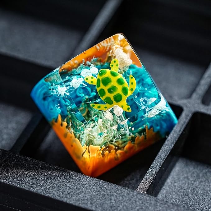 Sea Turtle Artisan Keycap Orange and Blue Coral R1 SA Profile Custom Sea Creatures Keycaps 1U ESC Handmade Gaming Ocean Resin Key Cap Cherry MX Switch Compatible Mechanical Keyboard Turtle Lover Gift