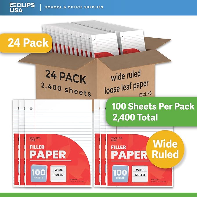 Notebook Paper, Loose Leaf Paper (24 Pack), Wide Ruled Paper, 10.5” x 8”, Filler Paper, 100 Sheets Per Pack, 60 gsm (24 Pack)