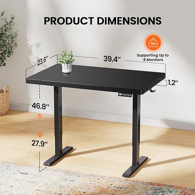 ErGear 40" x 24" Whole Piece Desktop Electric Standing Desk, Thick Height Adjustable Desk with 4 Height Memory, Home Office Computer Table with Cable Management Tray, Black