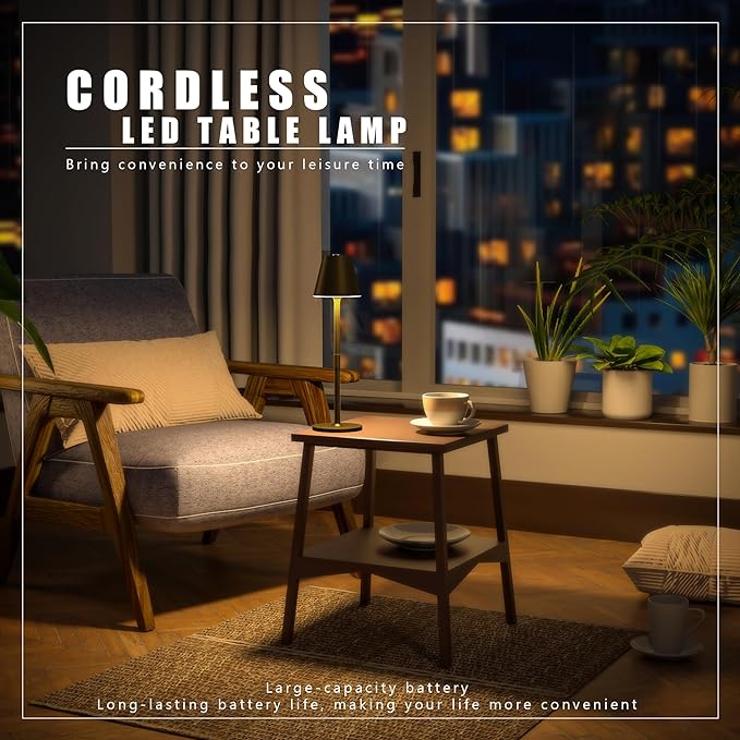 LED CordlessTable Lamp,4000mAh Rechargeable Battery Desk lamp,3 Level Brightness Portable Night Light, Minimalist Design, for Couple Dinner/Coffee Table/Restaurant/Bedroom(Bronze)