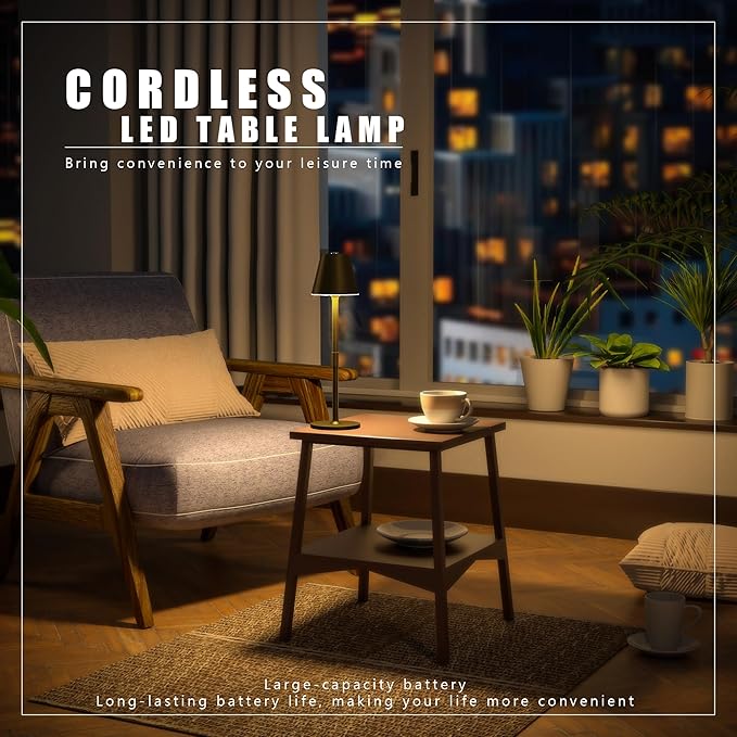 LED CordlessTable Lamp,4000mAh Rechargeable Battery Desk lamp,3 Level Brightness Beside Night Light, Minimalist Design, for Couple Dinner/Coffee Table/Restaurant/Bedroom(Bronze 2PACK)
