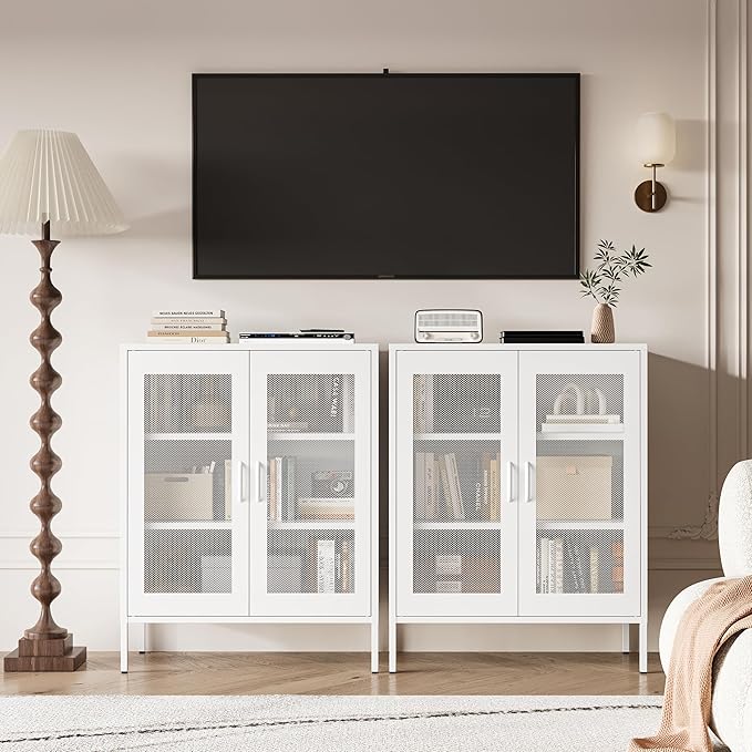 White Metal Storage Cabinet with Mesh Doors, Small Office Storage Cabinet with 2 Adjustable Shelves, Accent Metal Locker Storage Cabinet for Home, Office, Living Room, Hallway