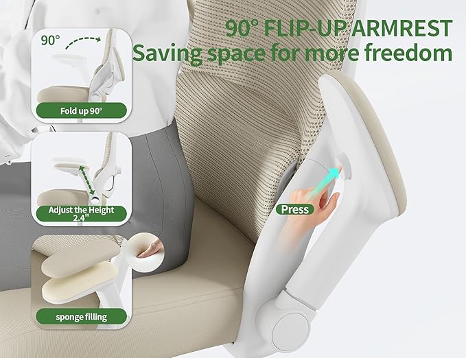Office Chair - Ergonomic Desk Chair with Adjustable Headrest Lumbar Support Computer Chair - Mesh Comfy Chairs with Flip-up Armrests - Big and Tall Gaming Chairs for Adults Home Office(Beige)