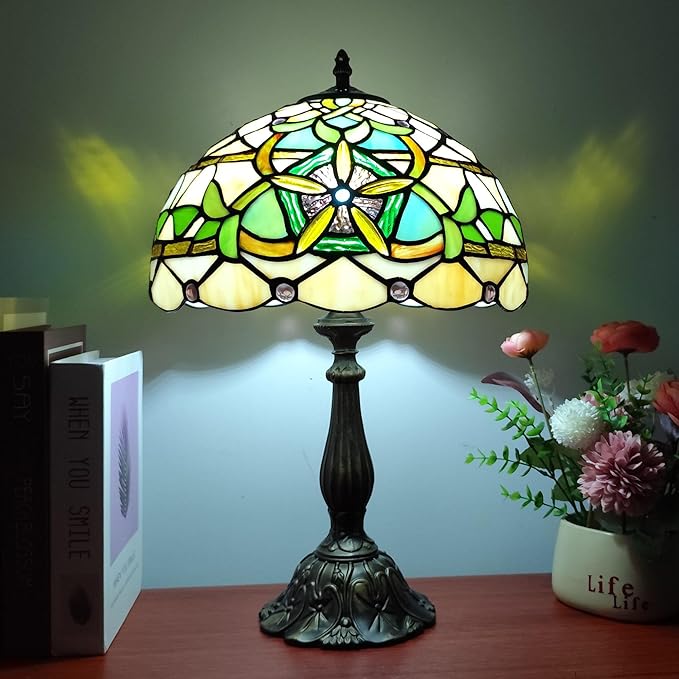 Tiffany Table Lamp Yellow Stained Glass Reading Light 3-Way Small Decorate Lamp for Home Living Room Nightstand Bedroom Office Include Bulb