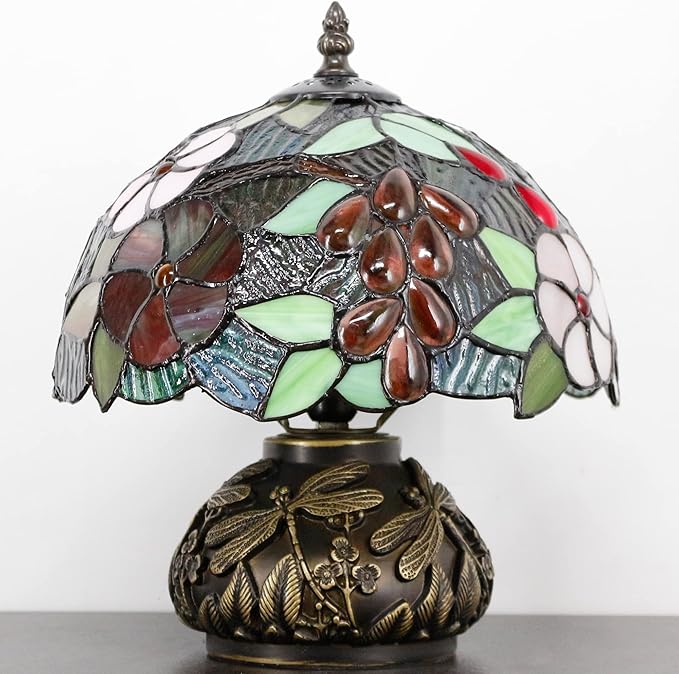 Small Tiffany Table Lamp Brown Grape Style Stained Glass Desk Lamp 10X11.5 Inch Mushroom Table Light for Office Home Living Room Bedroom