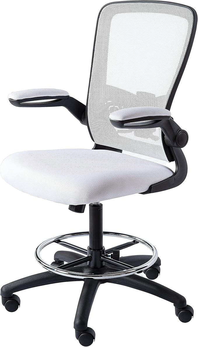 Serena Ergonomic Mesh Drafting Chair - Adjustable, Breathable Mesh, Lumbar Support, Ergonomic and Height Adjustable Flip-Top Office Chair with Foot Ring and Productivity - White