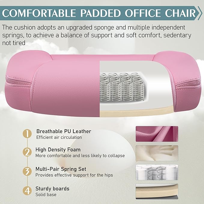 Leather Office Chair, PU Home Computer Desk Chairs with Ergonomic Back Support, 360° Swivel Free,Small Gmaing Chair with Wheels and Adjustable Armrests, for Short People Use, Pink