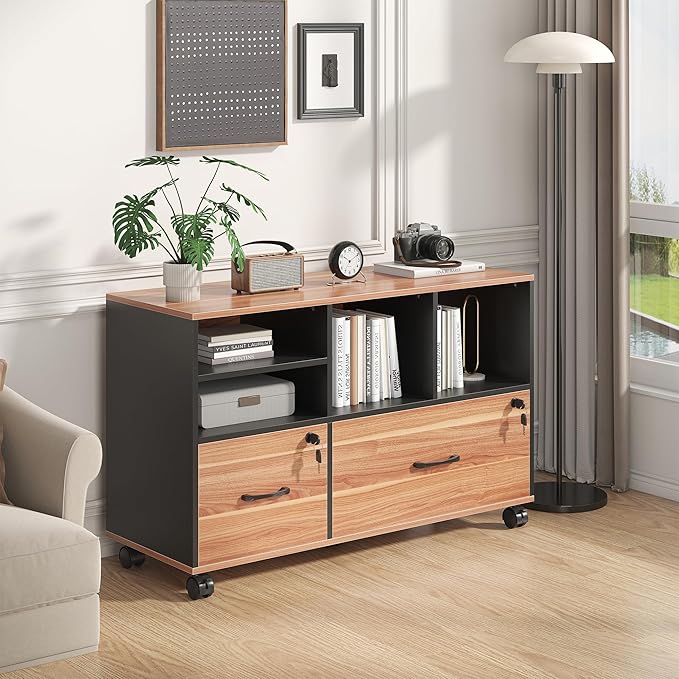 Semoic 2 Drawer File Cabinet for Home Office, Lockable Rolling Filing Cabinet with Adjustable Shelves, Wood Lateral File Cabinet with Lock, Printer Stand Office Storage Cabinet, Rustic Brown & Black