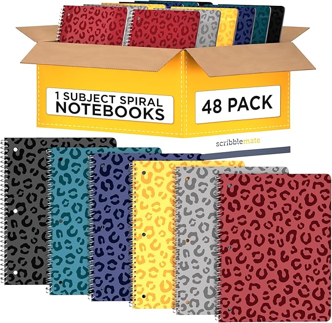 Spiral Notebooks College Ruled 1 Subject Spiral Notebook Bulk Pack of 48 Assorted Bold Colors, 8 x 10 1/2 Inch, 70 Sheets, Leopard Pattern Bulk Notebooks for Work & School