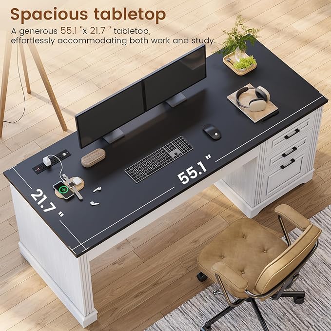 Itaar Farmhouse 55" Executive Desk, Computer Desk with Storage Drawers and Power Outlet, Home Office Desk, Workstation for Office Home, White