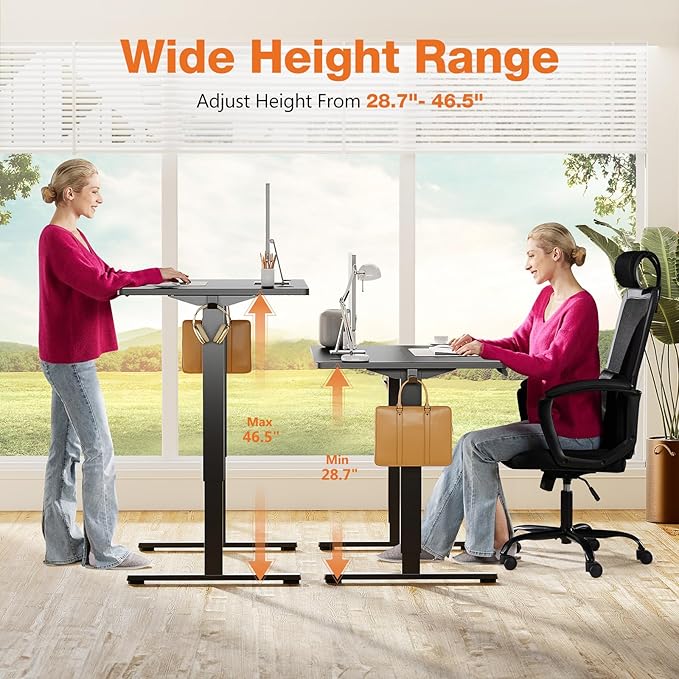 Sweetcrispy Electric Adjustable Height Standing Desk - 55 x 24 inch Sit to Stand Up Desk with Splice Board, Rising Home Office Computer Table with 2 Hook and Wire Hole for Work