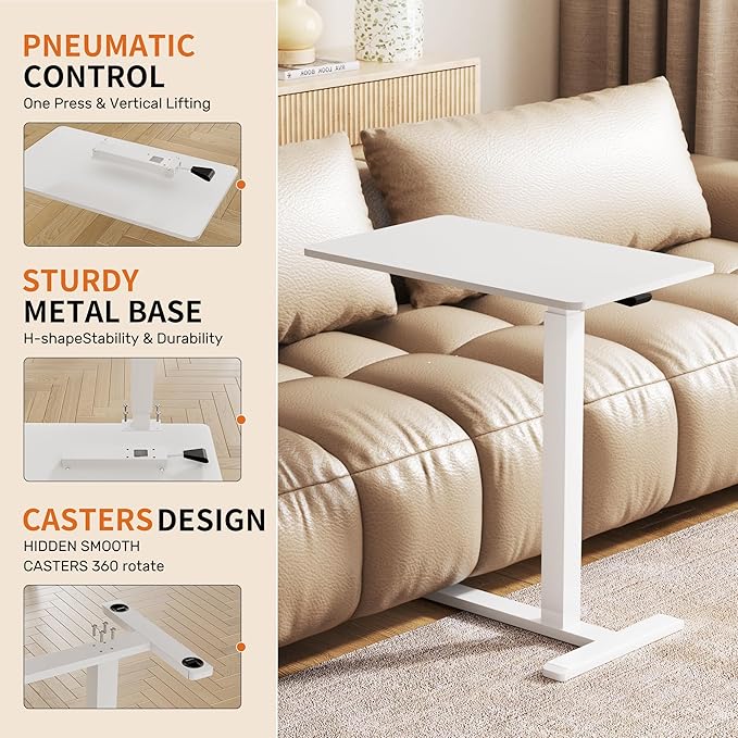 Rolling Standing Desk with Hidden Wheels,Overbed Bedside Table Adjustable Height,Pneumatic Laptop Desk Rolling Computer Cart for Home,Office,White