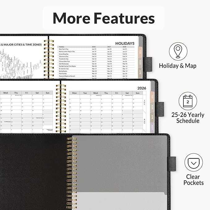 SUNEE 2026 Weekly & Monthly Planner 9"x11.2"- 12 Month (January 2026 - December 2026), Vegan Leather Cover, Pocket, Bookmark, Notes, Monthly Tab, Black